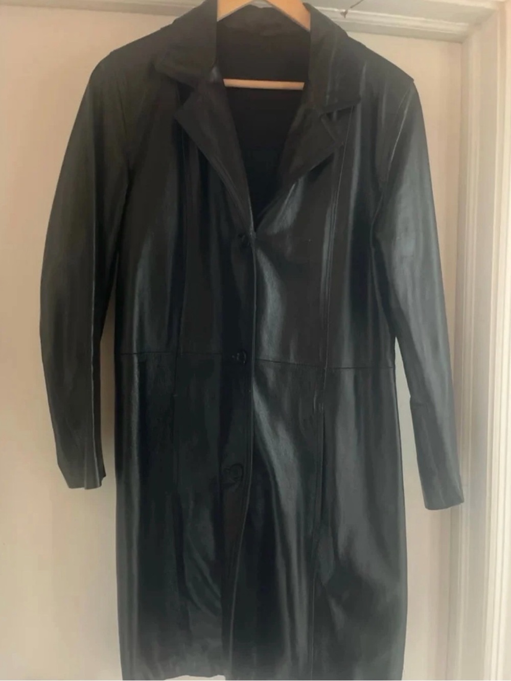 Gerard Darel Black Leather Long Coat - Sleek Button-Front M